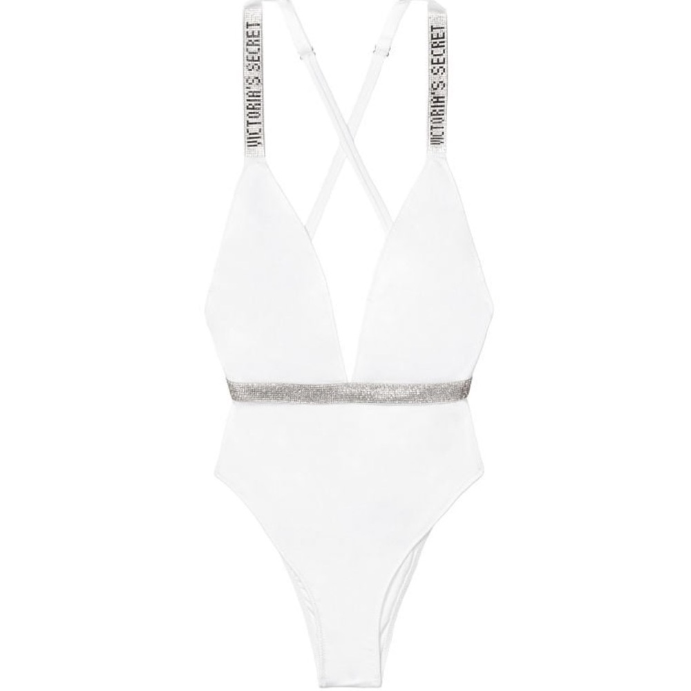 NWT Victoria Secret Swim Shine Strap Plunge One-Piece Swimsuit. White. Size S.